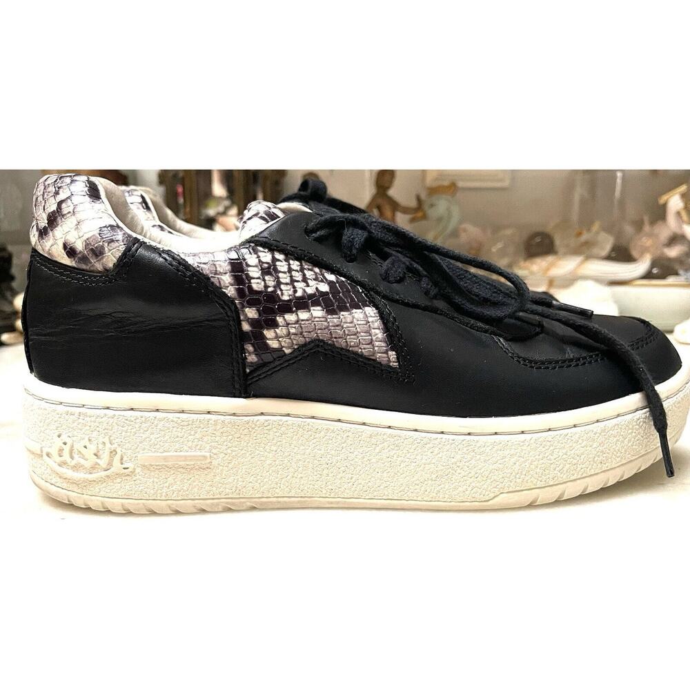 NEW ASH Fool STAR Snake Print Trimmed black Leather Platform Sneakers Size EU 38